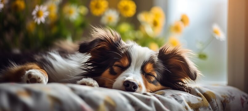 Cute dog sleeping comfortably on sofa with ample space for text on left   top side of image