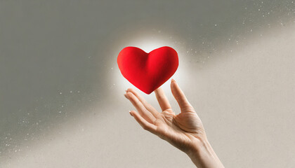 Fototapeta premium Female hand and red heart symbol over light background. Contemporary artwork. Minimalism. Concept of Valentine's Day, holiday, love, 14th of February
