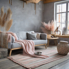 Feminine Nordic loft. Soft grays, exposed wood. Loft-style furniture, minimalist decor. Feminine loft details like cozy rugs and soft blankets create a comfortable and modern Nordic retreat.