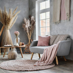 Feminine Nordic loft. Soft grays, exposed wood. Loft-style furniture, minimalist decor. Feminine loft details like cozy rugs and soft blankets create a comfortable and modern Nordic retreat.