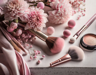 Obraz na płótnie Canvas Feminine still life with makeup. Blush pinks, elegant details. Arrangement of makeup brushes and cosmetics. Feminine and elegant, capturing the beauty of cosmetics in a stylish setting.