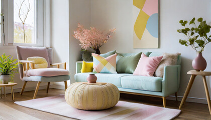 Feminine Nordic mid-century modern room. Soft pastels, iconic furniture. Mid-century decor, clean lines. Feminine mid-century details like pastel cushions and abstract art add a touch of elegance.
