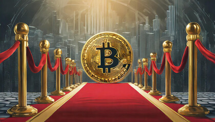 Fictitious representation of Bitcoin standing on red carpet with velvet ropes on both sides