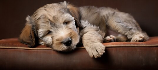 Cute dog sleeping comfortably on sofa with plenty of space for text on left   top side of image