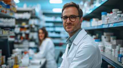 Fototapeta na wymiar Male pharmacist is smiling at the camera with a pharmacy shelf in the background, and a colleague is slightly out of focus behind him.