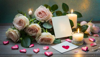 floral background from roses with candles, hearts and a card