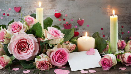Obraz premium floral background from roses with candles, hearts and a card