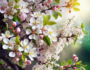 floral background_ blooming spring cherry branch, apricot and apple tree