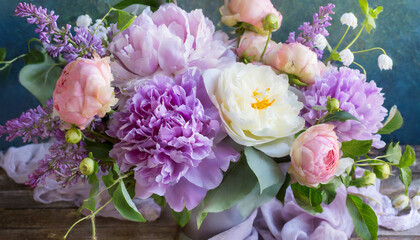 floral background_ bouquet of lilac, peonies, roses, dahlias_ festive composition