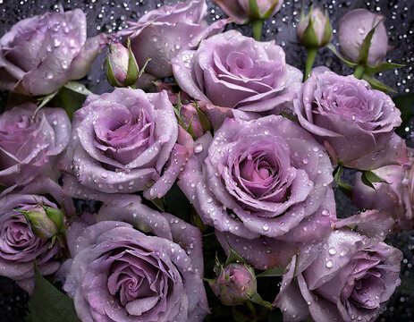 floral background_ beautiful purple roses with water drops after rain