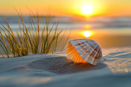 sunset on the beach, close up of a seashell on the beach 