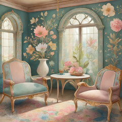 Floral fairy-tale retreat. Whimsical prints, soft pastels. Vintage-inspired furniture, dreamy decor. A magical and enchanting space reminiscent of a floral fairy-tale