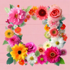 floral frame made of pink flowers on white wood background