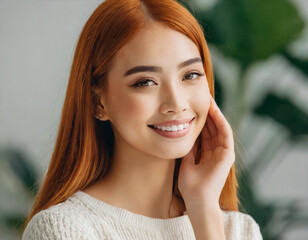 Naklejka premium High-quality photo of skincare and cosmetics concept. Woman with beautiful face touching healthy facial skin portrait. Beautiful happy Asian girl model with natural makeup enjoys glowing hydrated skin