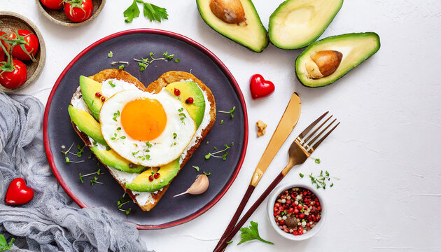 Heart shaped toast with avocado and fried egg on white background. Top view. Valentines day food concept.