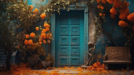 A blue door is surrounded by orange flowers - Powered by Adobe