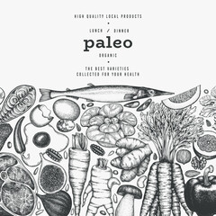 Paleo Diet Design Template. Vector Hand Drawn Healthy Food Banner. Vintage Style Menu Illustration. - 709861919