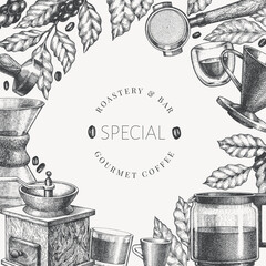 Alternative Coffee Makers Illustration. Vector Hand Drawn Specialty Coffee Equipment Banner. Vintage Style Coffee Bar Design