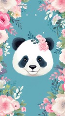 A panda bear surrounded by flowers on a blue background