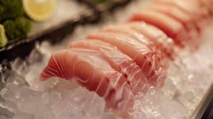 Salmon Sashimi in Japanese buffet restaurant menu. Fresh Sashimi fillet on black plate salmon slices.Asian Food Menu. Seafood sashimi. focus on salmon sliced on ice. Supermarket. - Powered by Adobe