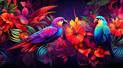 Background, wallpaper, cover with tropical plants, flowers and birds in neon - obrazy, fototapety, plakaty