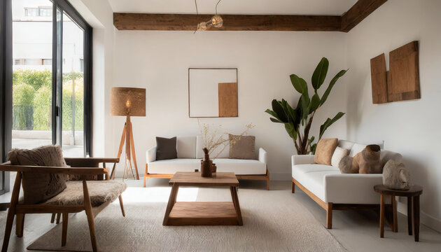 Minimalist interior design of modern living room with rustic accent pieces.