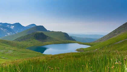 Obraz premium Minimalist landscape of a mountain lake among long green grass