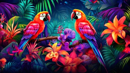 Background, wallpaper, cover with tropical plants, flowers and birds in neon
