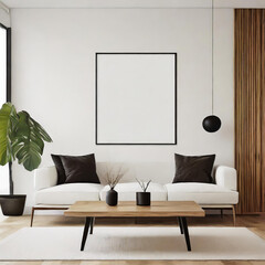 Minimalist living room design with sleek furniture and a wooden coffee table. A mockup wall serves as a creative canvas, enhancing the modern and clean aesthetic.