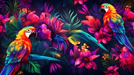 Background, wallpaper, cover with tropical plants, flowers and birds in neon