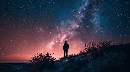 silhouette of a person standing on a hill in the evening and watching the incredible cloudless starry sky with a pink tint