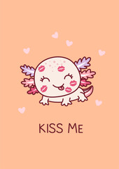 Valentine. Cute axolotl with kiss marks on its face. Valentine's day. Kawaii style. Doodle.

