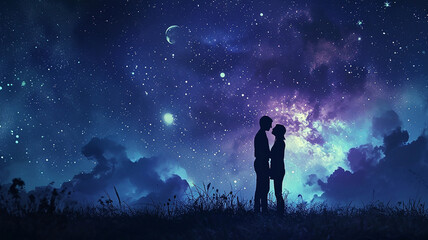 Couple Romance Night Blue light Big moon Valentines day background 