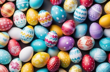 Fototapeta na wymiar Pattern with multi-colored eggs, top view. Concept Easter eggs, confectioner, search