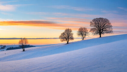 Fototapeta na wymiar Minimalist winter trees on a snowy hilly meadow at sunrise