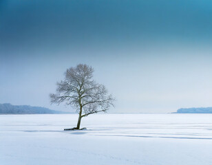 Minimalist winter scenery with a tree on a frozen lake