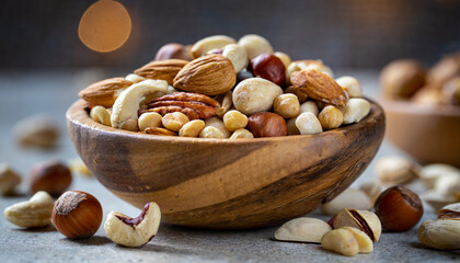 mixed nuts in a wood bowl - close up view