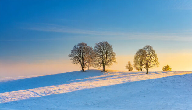 Minimalist winter trees on a snowy hilly meadow at sunrise