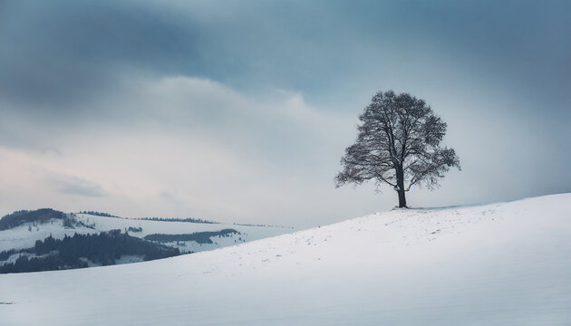 Minimalist winter scenery with a lonely tree on a hill
