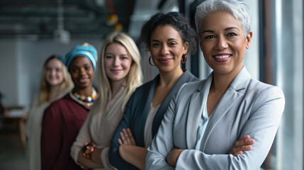 Group of diverse professional women confidently standing in a line, with the woman in the foreground crossing her arms, showcasing a strong and united front in a workplace setting.