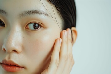 顔に手をあてる日本人女性のパーツ写真（白背景・美肌・クローズアップ）