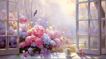 Beautiful morning with spring flowers, window, flowers