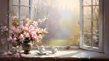 Fototapeta na wymiar Beautiful morning with spring flowers, window, flowers