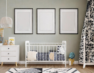 Modern minimalist nursery room with three poster frame mockup, Baby room interior, Light colours, Scandinavian style