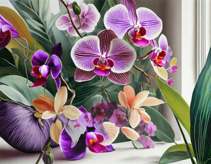 Modern orchid oasis. Abstract orchid prints, contemporary hues. Sleek furniture, clean lines. A contemporary and visually dynamic space inspired by the exotic beauty of orchids.