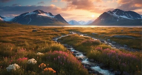 A scene of the Arctic tundra under the perpetual glow of the midnight sun, with snow-capped mountains and hardy vegetation - Generative AI - obrazy, fototapety, plakaty
