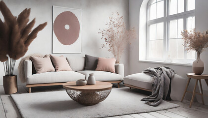 Modern Scandinavian art sanctuary. Neutral palette, artistic details. Artistic furniture, minimalist decor. Feminine artistic accents like abstract art and soft textiles create an inviting and contemp