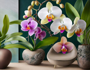 Modern orchid oasis. Abstract orchid prints, contemporary hues. Sleek furniture, clean lines. A contemporary and visually dynamic space inspired by the exotic beauty of orchids.