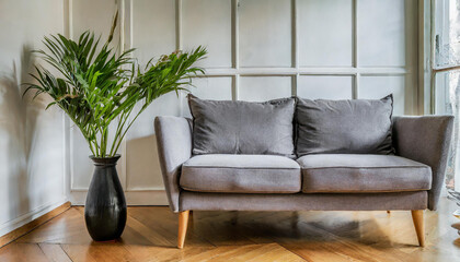 Modern Scandinavian flair with a chic sofa and stylish vase, epitomizing minimalism for an inviting home staging concept.