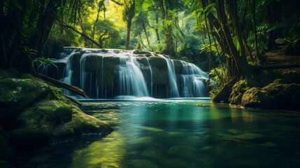Fototapeta na wymiar Beautiful waterfall in lush tropical green forest. Nature landscape. 